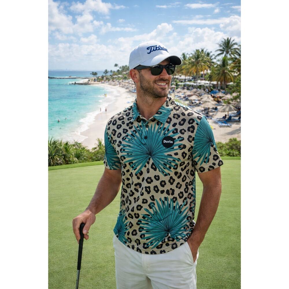DuVin Design Poolside Cheetah Polo M Leopard Palm Golf Shirt NWOT ResortCore